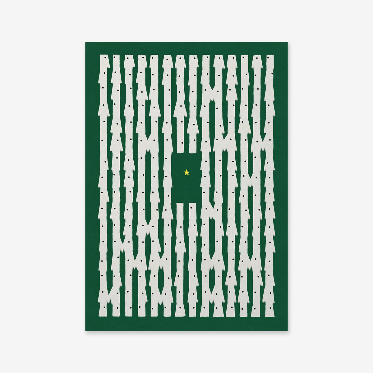 A star among us features white minimalist Christmas trees on a dark green backdrop, highlighted by a single yellow star—ideal as a giclée art print for modern interiors.