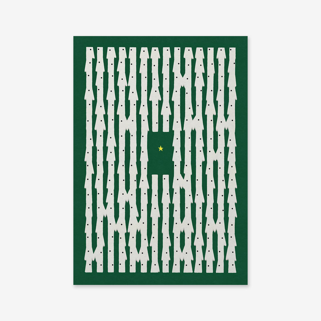 A star among us features white minimalist Christmas trees on a dark green backdrop, highlighted by a single yellow star—ideal as a giclée art print for modern interiors.