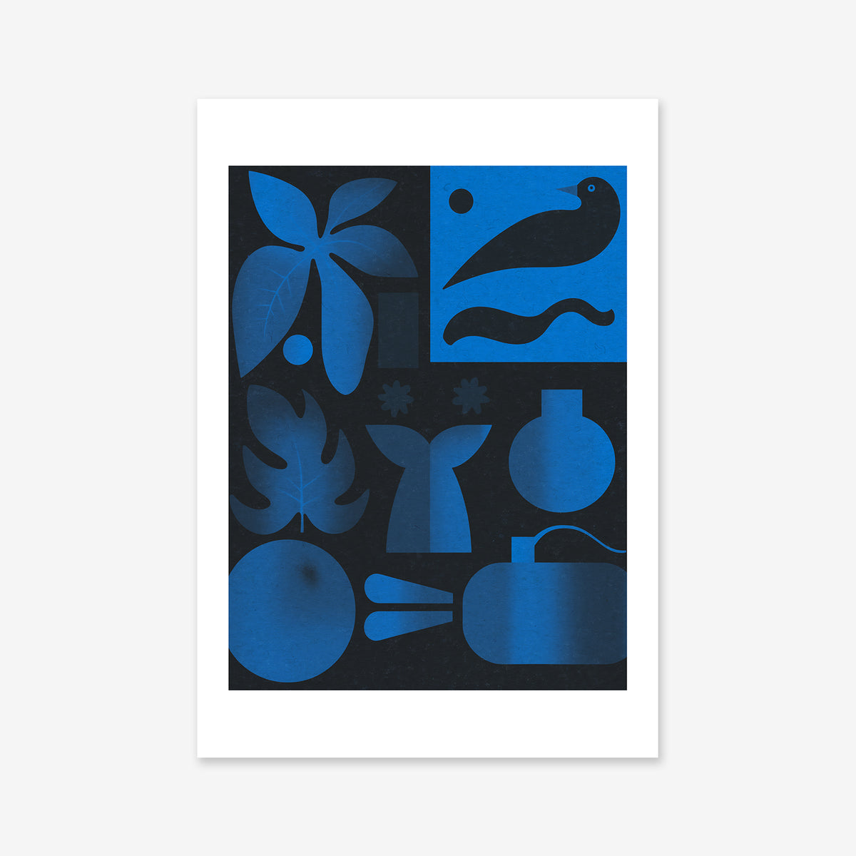 “Above & Below” is an abstract Giclée art print featuring geometric blue shapes—leaves, bird, vase, sun, and organic forms—set on a black background in a grid with a white border. A striking piece for modern interiors.