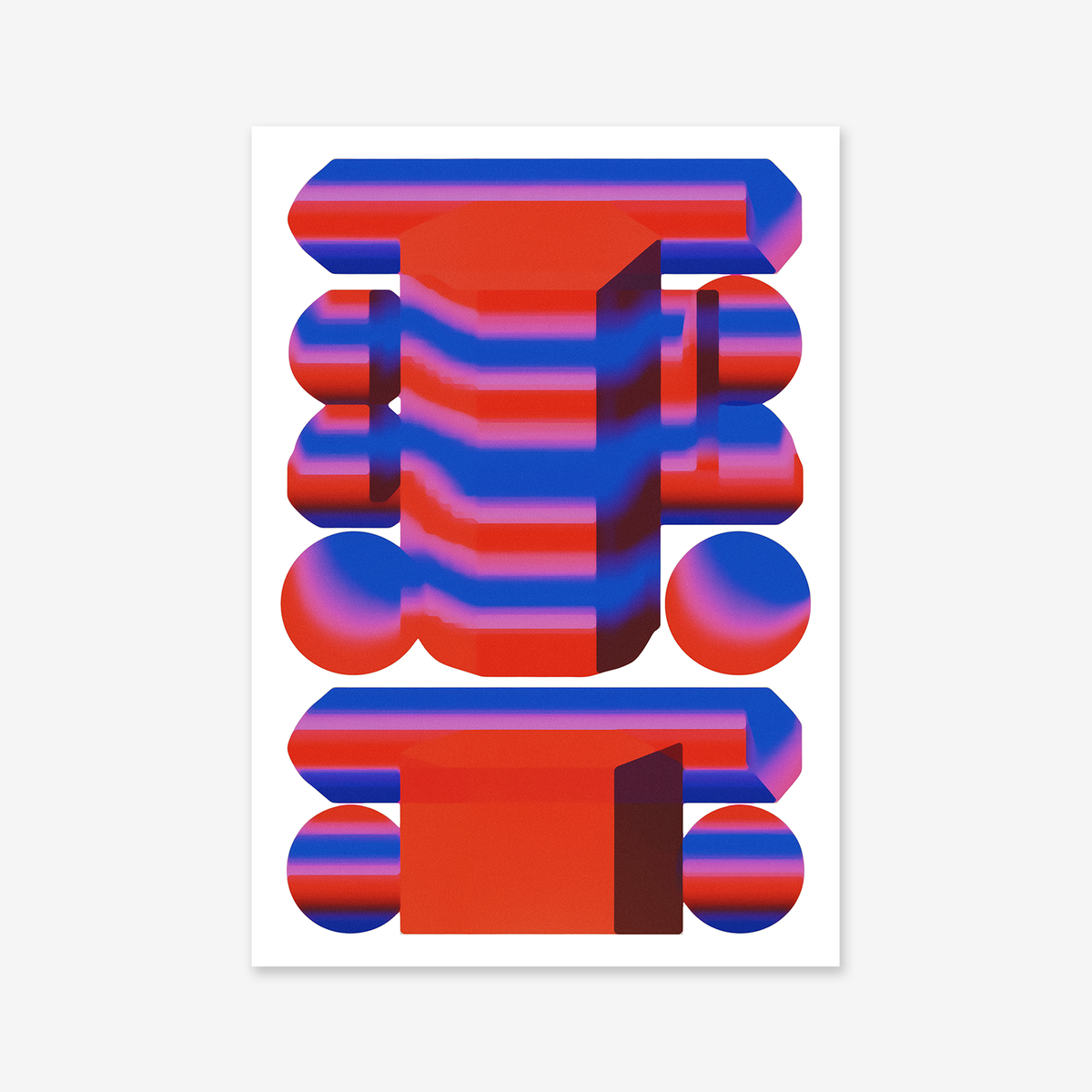 Abstract figure" features bold red geometric shapes with blue shadows—cylinders, spheres, blocks—arranged symmetrically on white. Ideal as a Giclée art print to elevate any modern interior.