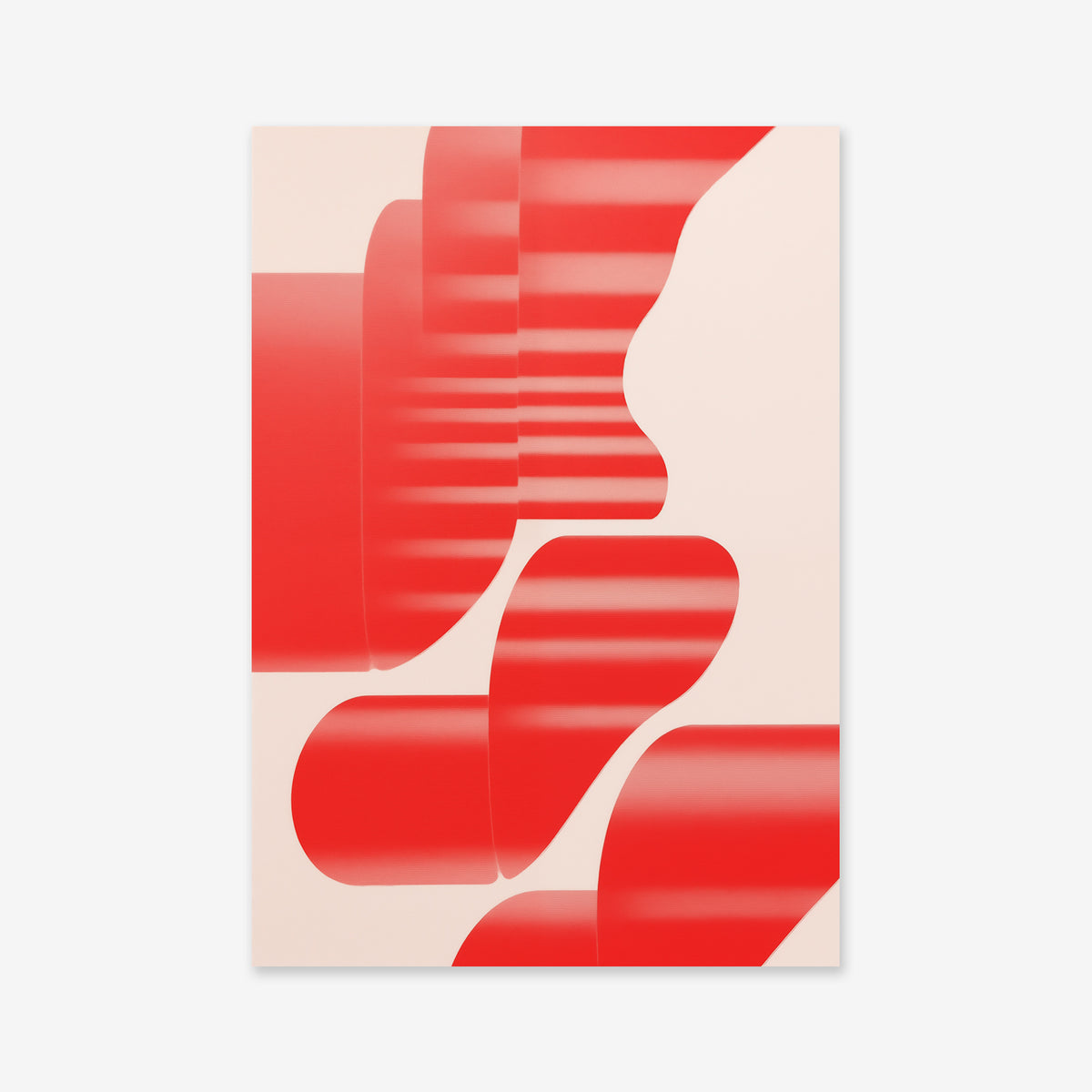 Abstrax No. 1 features bold, curved red shapes with gradients on a light beige background. This giclée art print offers smooth transitions and depth, perfect for modern interiors, and is printed on high-quality archival paper.
