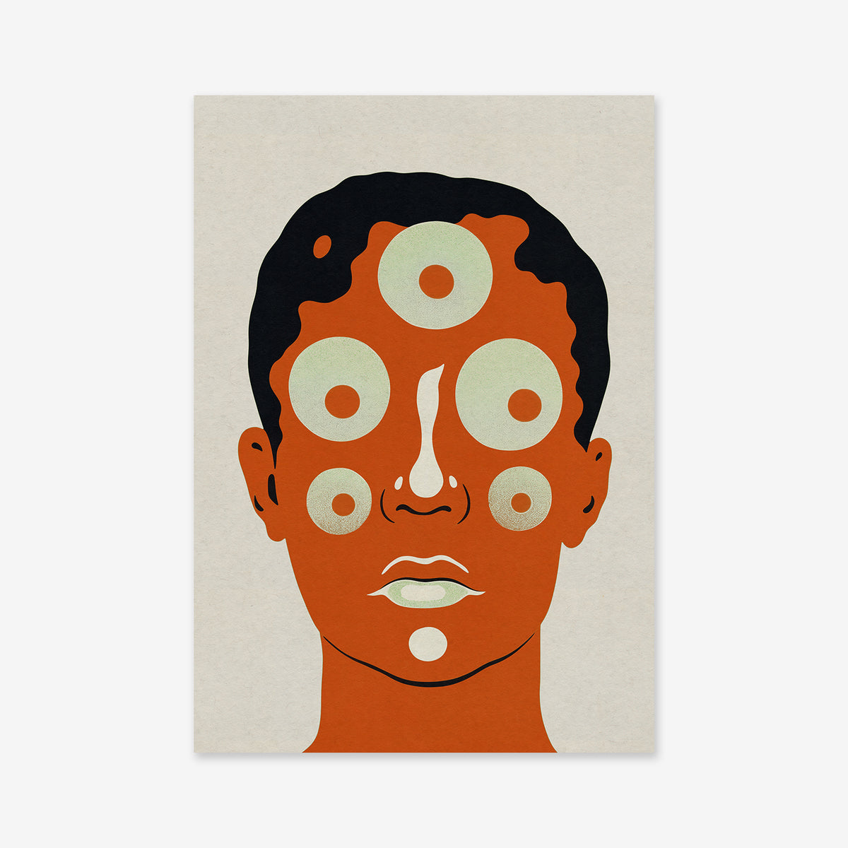 All eyes No. 2 features an abstract person with dark hair, orange skin, and neutral lips. Six dotted circles on the face lend a surreal touch—an ideal Giclée art print to enhance any modern interior.