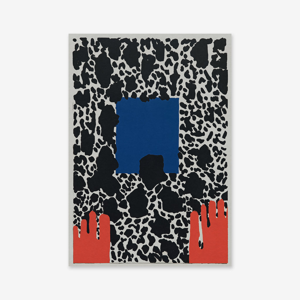 Almost there" showcases abstract black and white spotted patterns, evoking animal print, with a blue square at the center and two red shapes beneath. Ideal as a giclée art print to enhance any modern interior space.