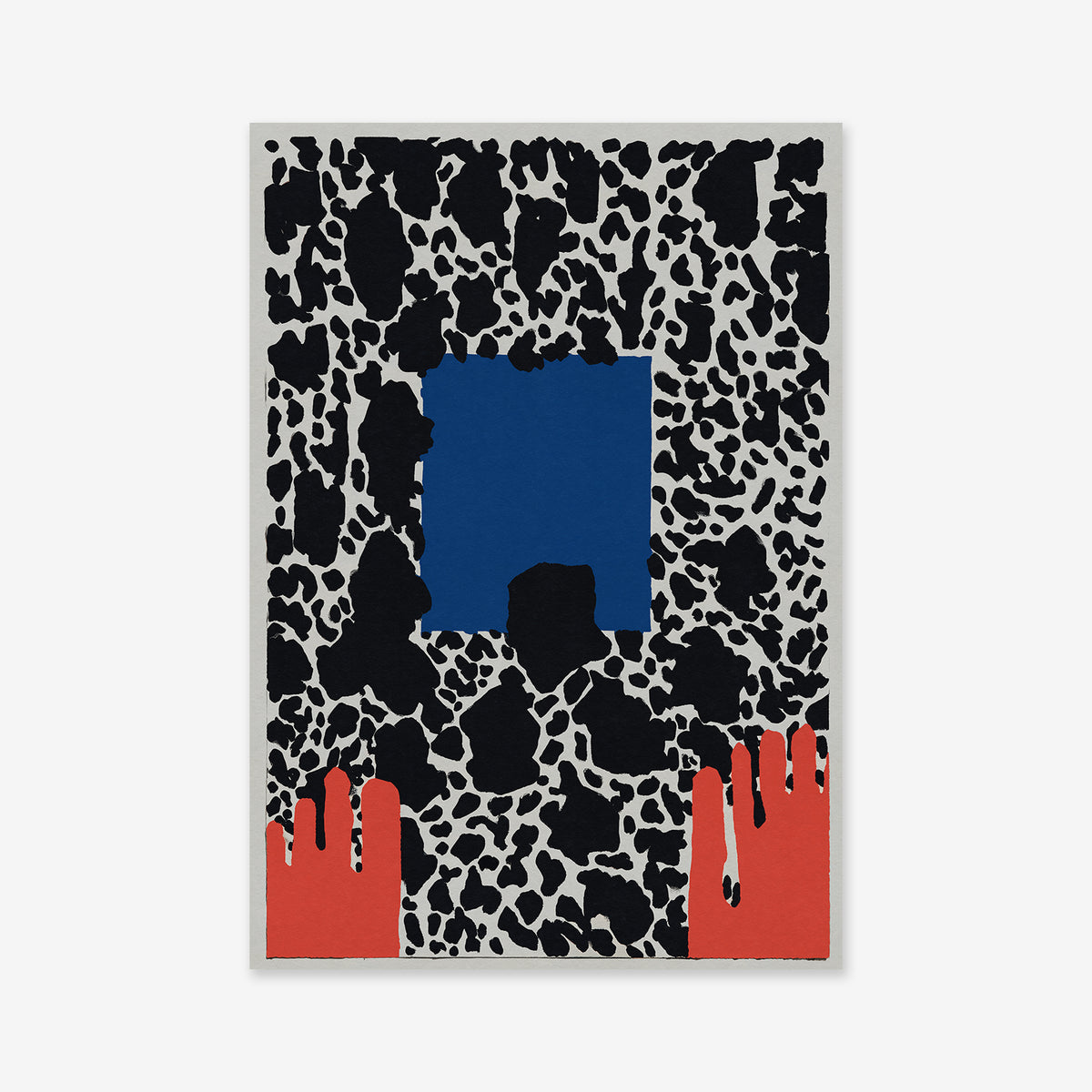“Almost there” is an abstract art print with a black and white spotted pattern, blue square centerpiece, and two red, hand-like shapes with drips—a striking giclée print ideal for modern interiors.