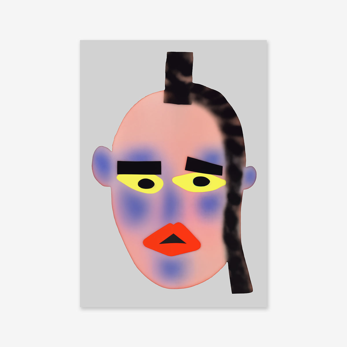 Am i pretty?" features a stylized abstract face with a pale pink complexion, bold yellow eyes, black brows, red lips, blue-tinted cheeks, and black hair on gray—a striking modern giclée art print on matte archival paper.