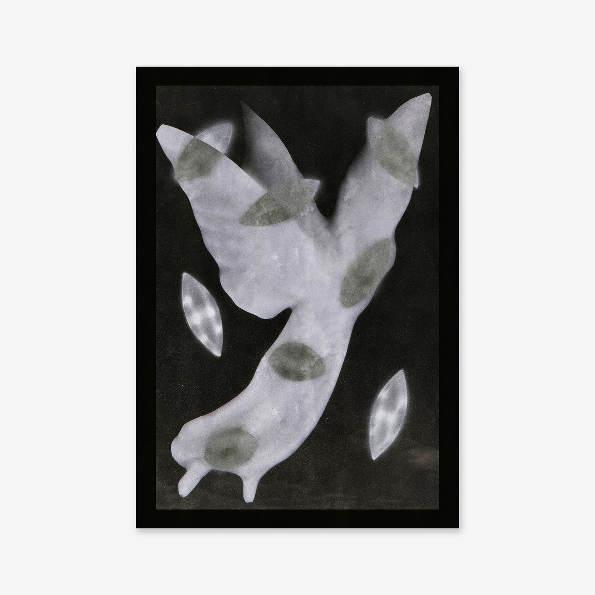 Angelic is a giclée art print featuring a white, bird-like form with greenish spots and glowing ovals on a dark background, adding an ethereal touch to any modern interior.