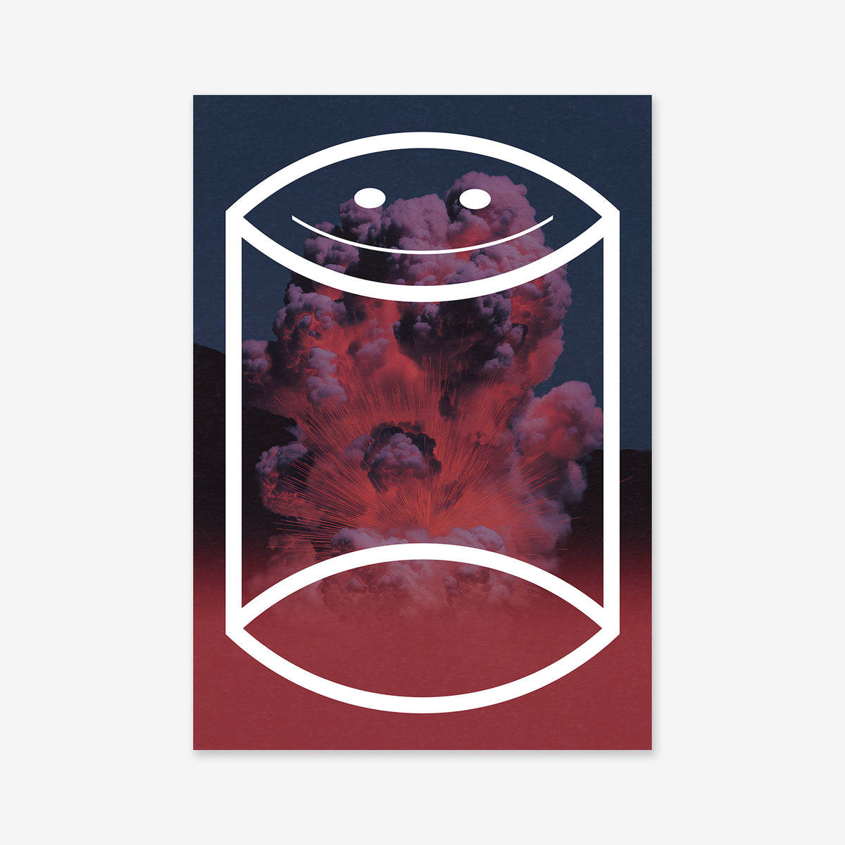 A red and purple cloud of smoke rises against a dark backdrop, overlaid with a minimalist white smiling face. "Anger management" is a striking Giclée print on premium matte archival paper, adding playful flair to modern decor.