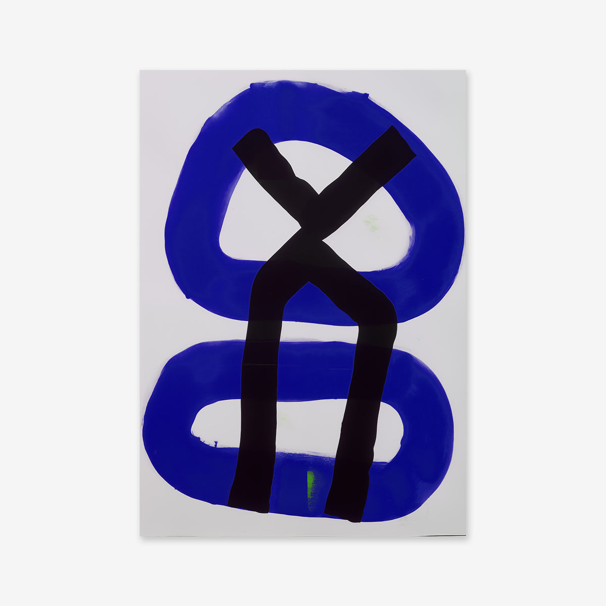 Angry man" is a minimalist abstract giclée art print, ideal for modern interiors, featuring bold blue ovals intersected by thick black lines on matte archival paper with a crisp white background.