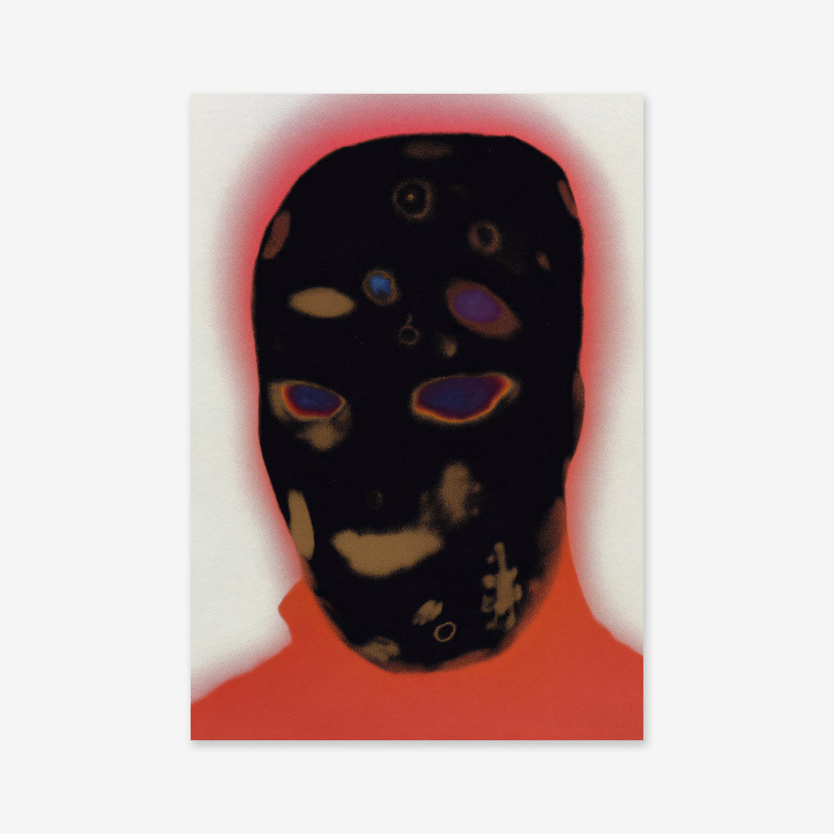Someone wearing the "Anonymous" black mask, adorned with colorful spots and patterns, is outlined by a reddish glow against a white backdrop—an intriguing scene ideal as a giclée art print on archival paper for modern interiors.