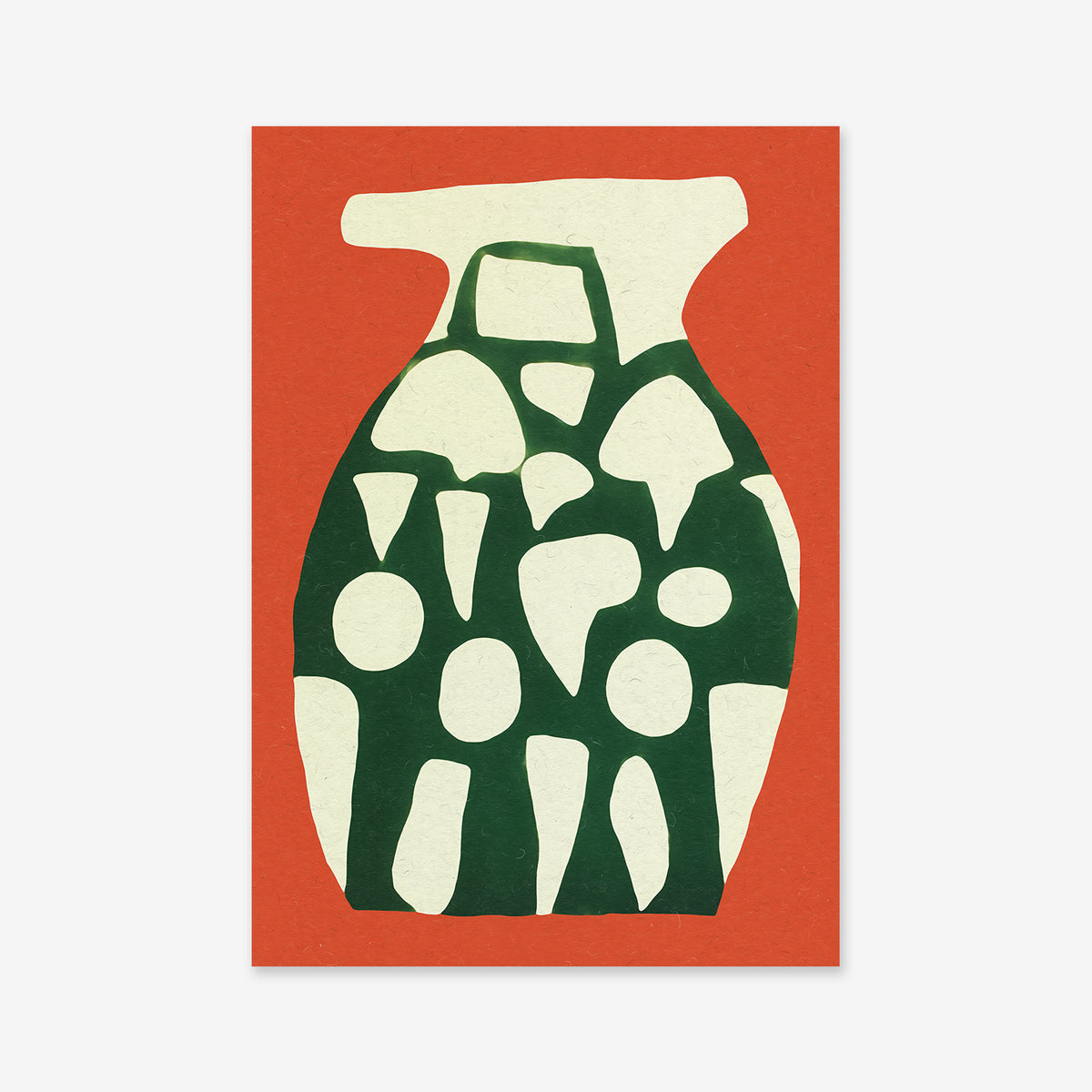 Another vase" – a modern abstract Giclée art print featuring an organic green and cream patterned vase on an orange background, with collage-style circles and ovals. Perfect for elevating any contemporary interior.