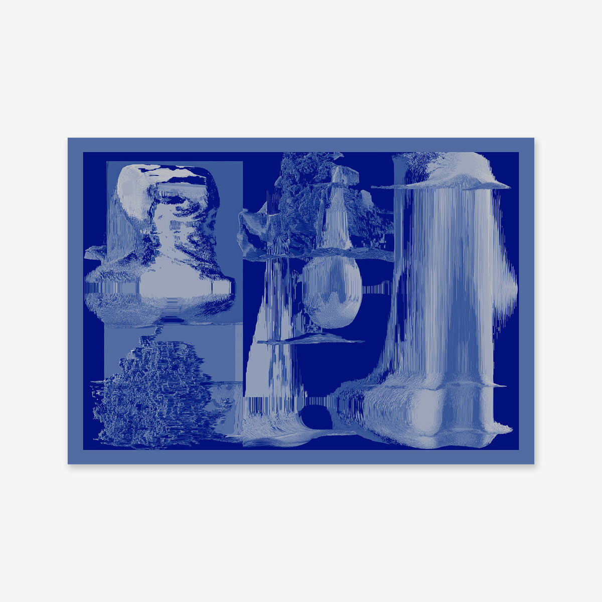 Armageddon - Blue features abstract digital art with distorted blue shapes resembling melting objects on a deep blue background, framed by a lighter blue border—ideal as a Giclée print for modern interiors.
