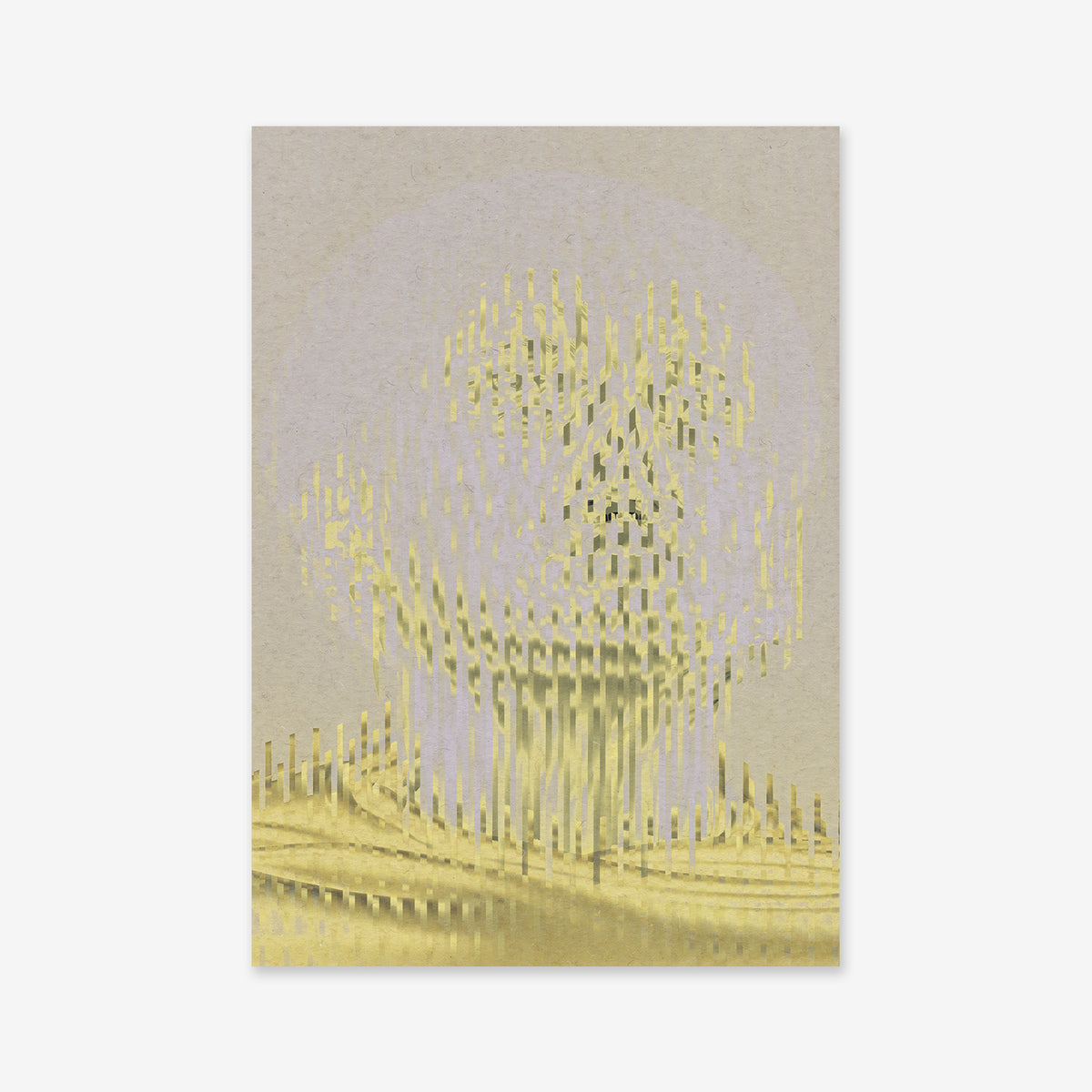 Armor is an abstract Giclée art print featuring a human face portrayed through vertical yellow and gray streaks, forming a distorted, pixelated effect. Printed on light beige archival paper, it enhances modern interiors with its ethereal style.