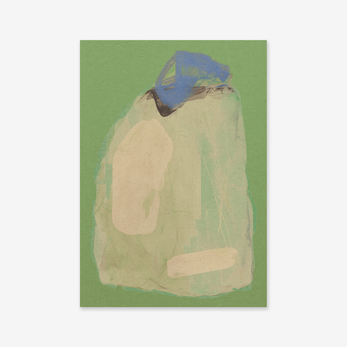 Abstract painting of a jug-like form in muted beige and green tones on green, with a blue angular accent—featured on this Backpack. Soft, washed-out patches complement its modern style, making it ideal for contemporary decor lovers.