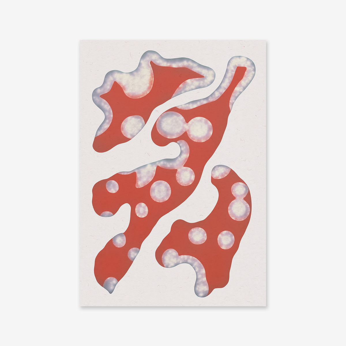 Bacteria city No. 1 features red, organic shapes with light gray outlines and white circular spots on a plain white background. This giclée art print is perfect for modern interiors and comes on archival paper.