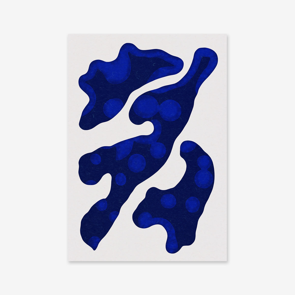 Bacteria city No. 2 is an abstract giclée art print featuring three irregular navy blue shapes with lighter blue spots on a white background, loosely arranged vertically on archival paper—ideal for modern interiors.