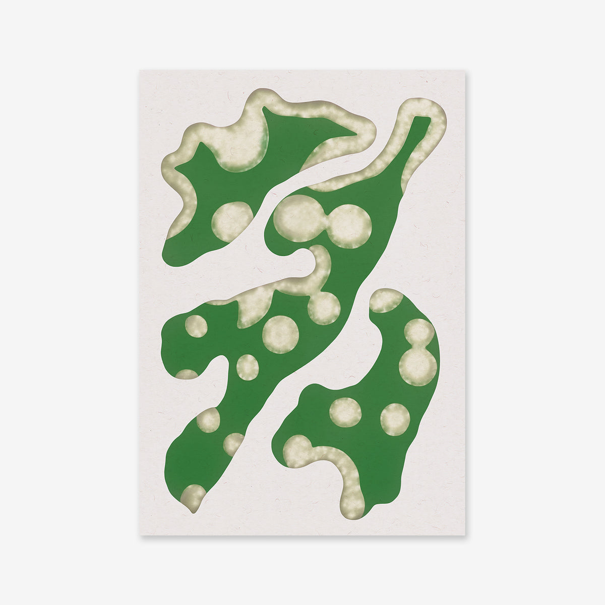 Bacteria city No. 3 is an abstract Giclée art print with three irregular green shapes with white polka dots on matte archival paper—an organic, modern decor choice.