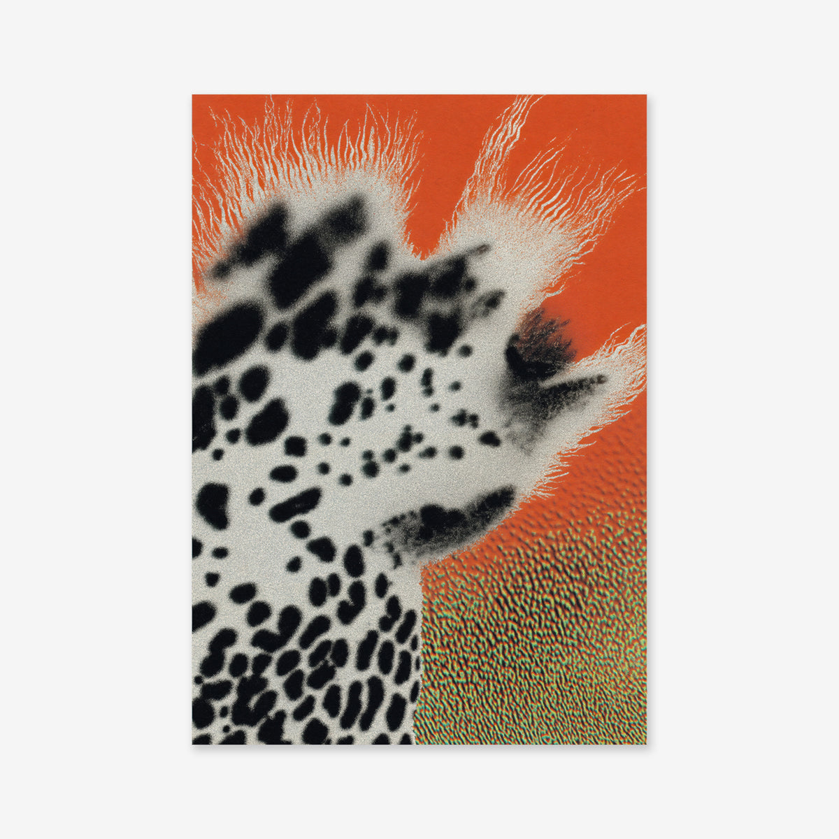 Bacteria paradise" is an abstract artwork with a black and white speckled pattern reminiscent of fur or feathers on vivid orange, plus textured yellow and green accents—ideal as a Giclée art print for modern spaces.