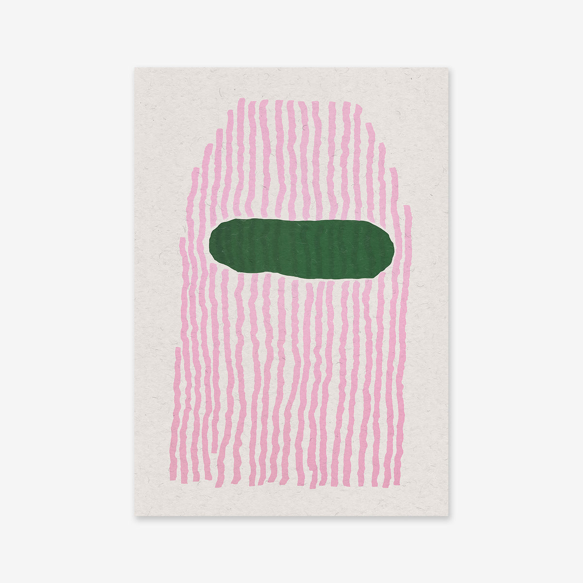 Balaclava No. 1 features vertical pink lines arched across a textured light background with a horizontal green oval near the top—an ideal Giclée art print for modern interiors.