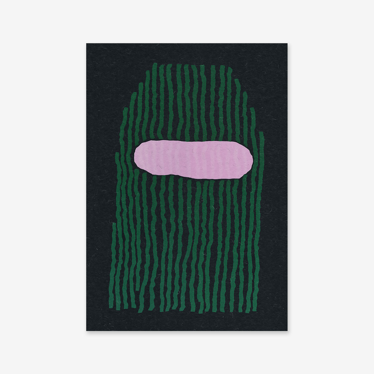 Balaclava No. 2 features abstract vertical green lines on black forming a hooded shape with a wide pink oval 'visor'—a striking giclée art print ideal for modern interiors.