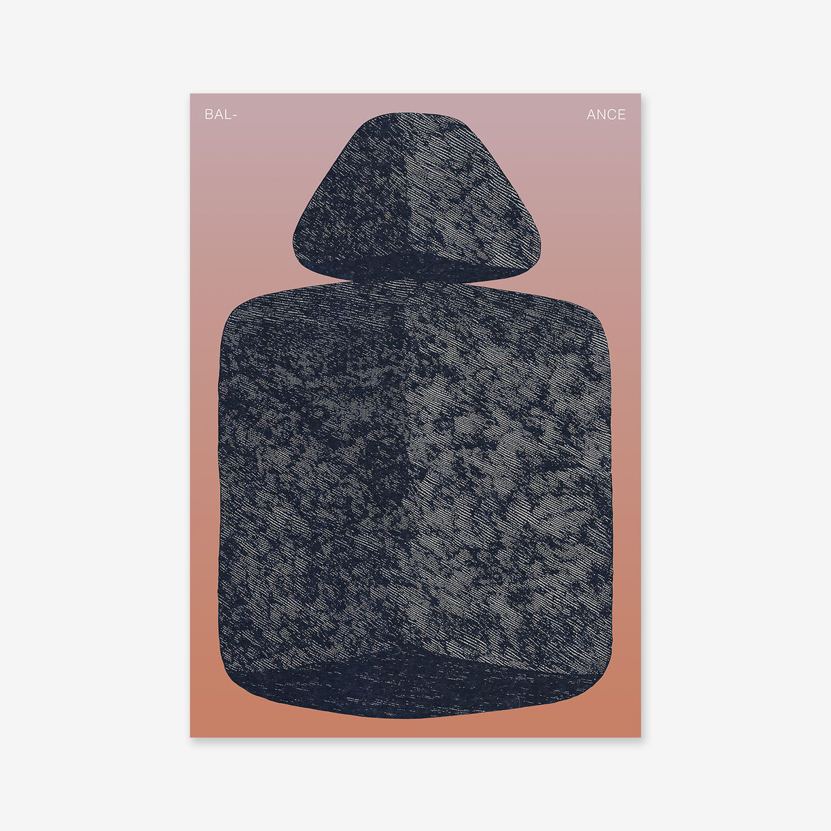 A textured, abstract dark shape resembling stacked stones is centered on a peach-to-pink gradient. "BALANCE" appears in the top corners—perfect as a modern Giclée print for your space. Product name: Balance. Archival matte paper.