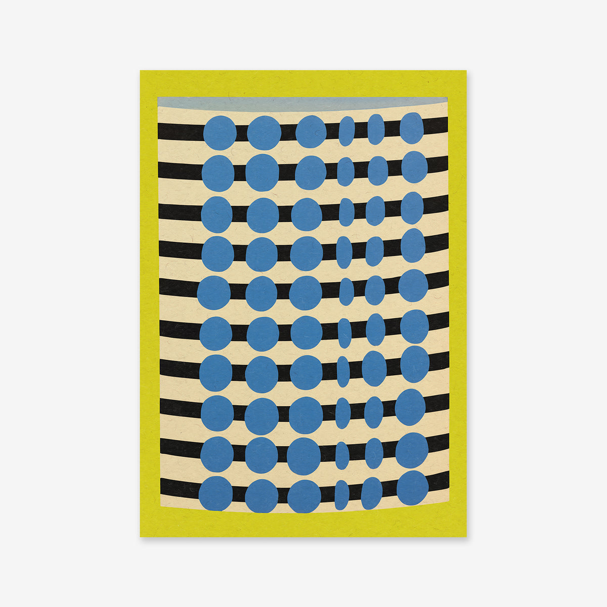 Barrel No. 1 is a rectangular giclée art print featuring a yellow border, black and white horizontal stripes, and blue dots in vertical lines that decrease in size—ideal for modern interiors.