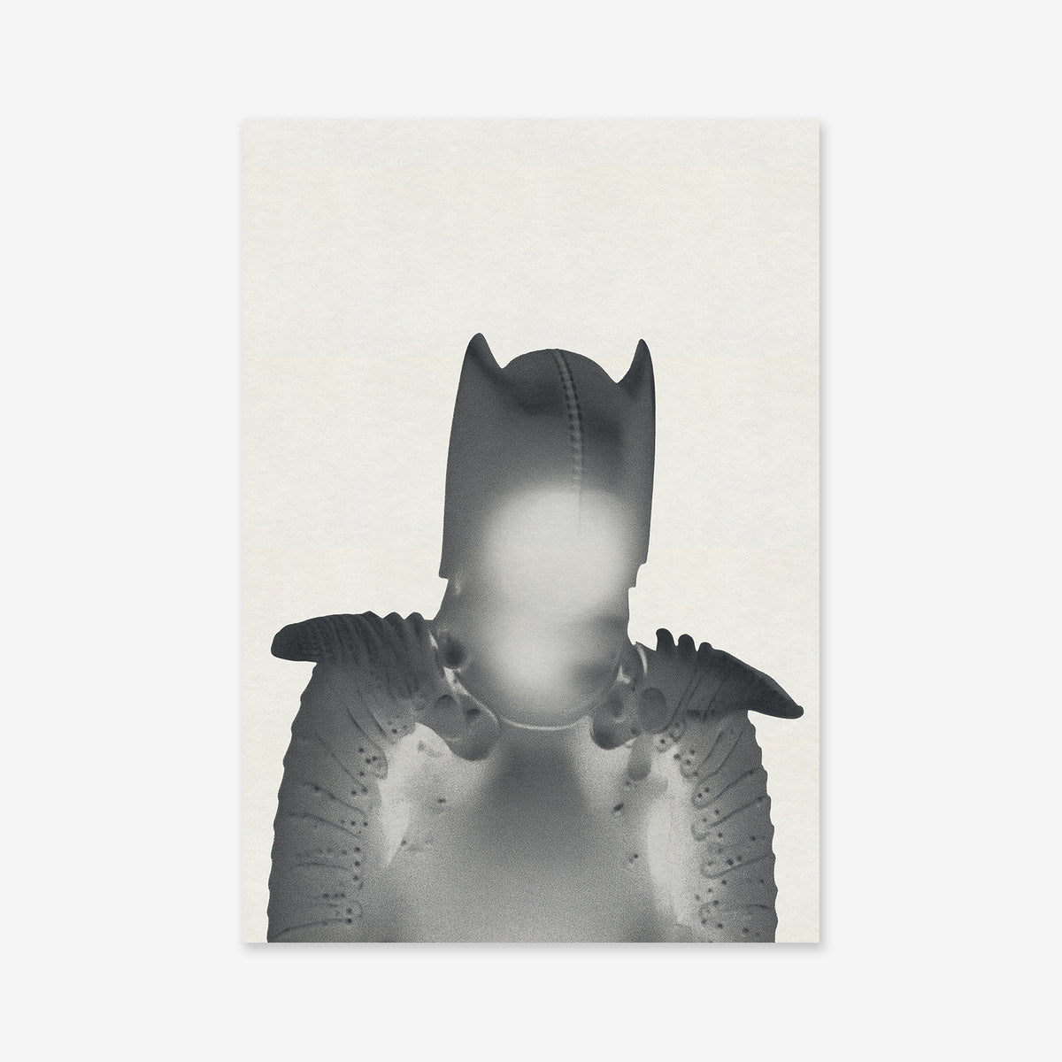 A grayscale Giclée art print titled "Bat knight," featuring a futuristic, armored figure with cat-like ears and a glowing face against a plain light background—ideal for modern interiors.