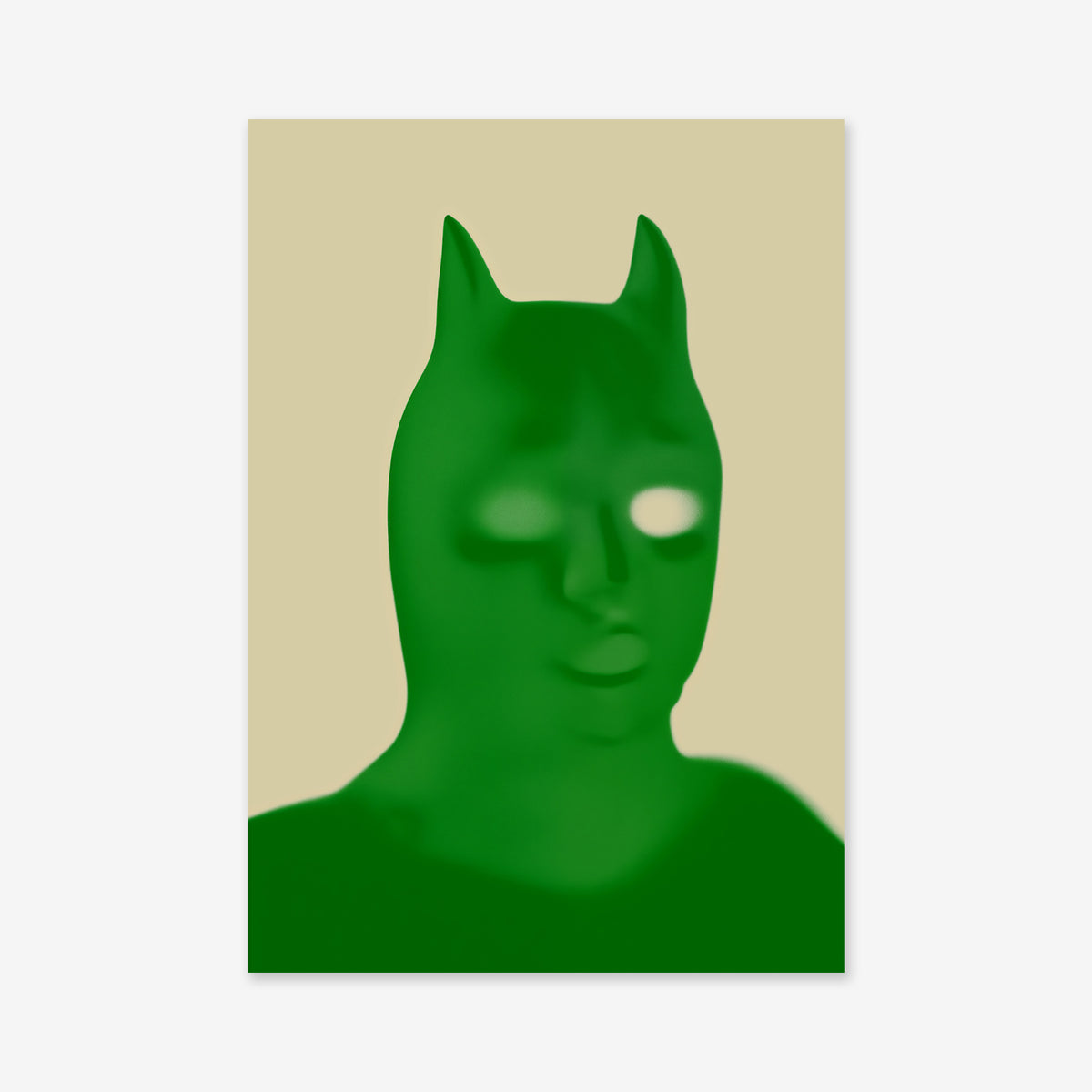 Batboy No. 2 features a blurry portrait of a figure in a green, bat-themed mask with pointed ears and glowing white eyes on a beige background—an ideal giclée art print for modern interiors.