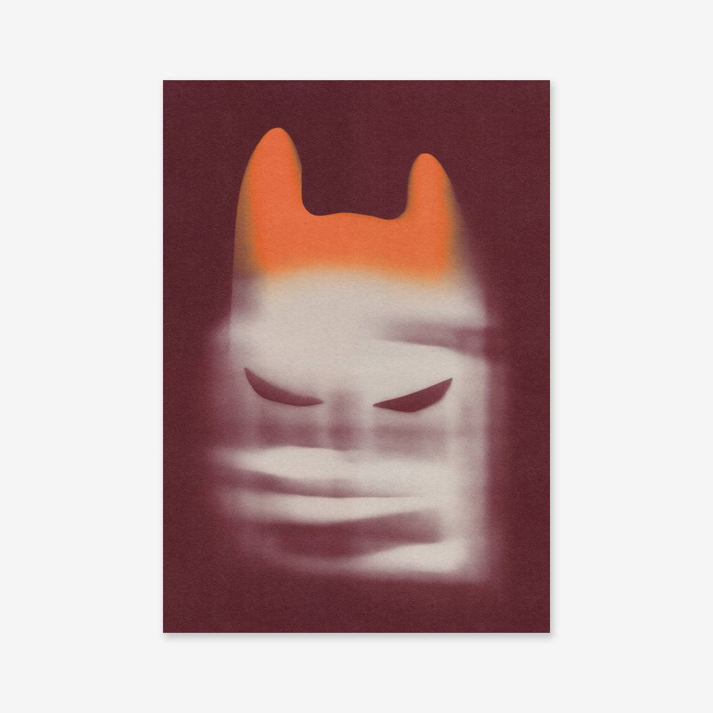 Batman No. 2 is a giclée art print featuring a blurred, abstract spray-painted face with pointed orange ears and dark eyes on a maroon background—perfect for adding mystery to any modern space.