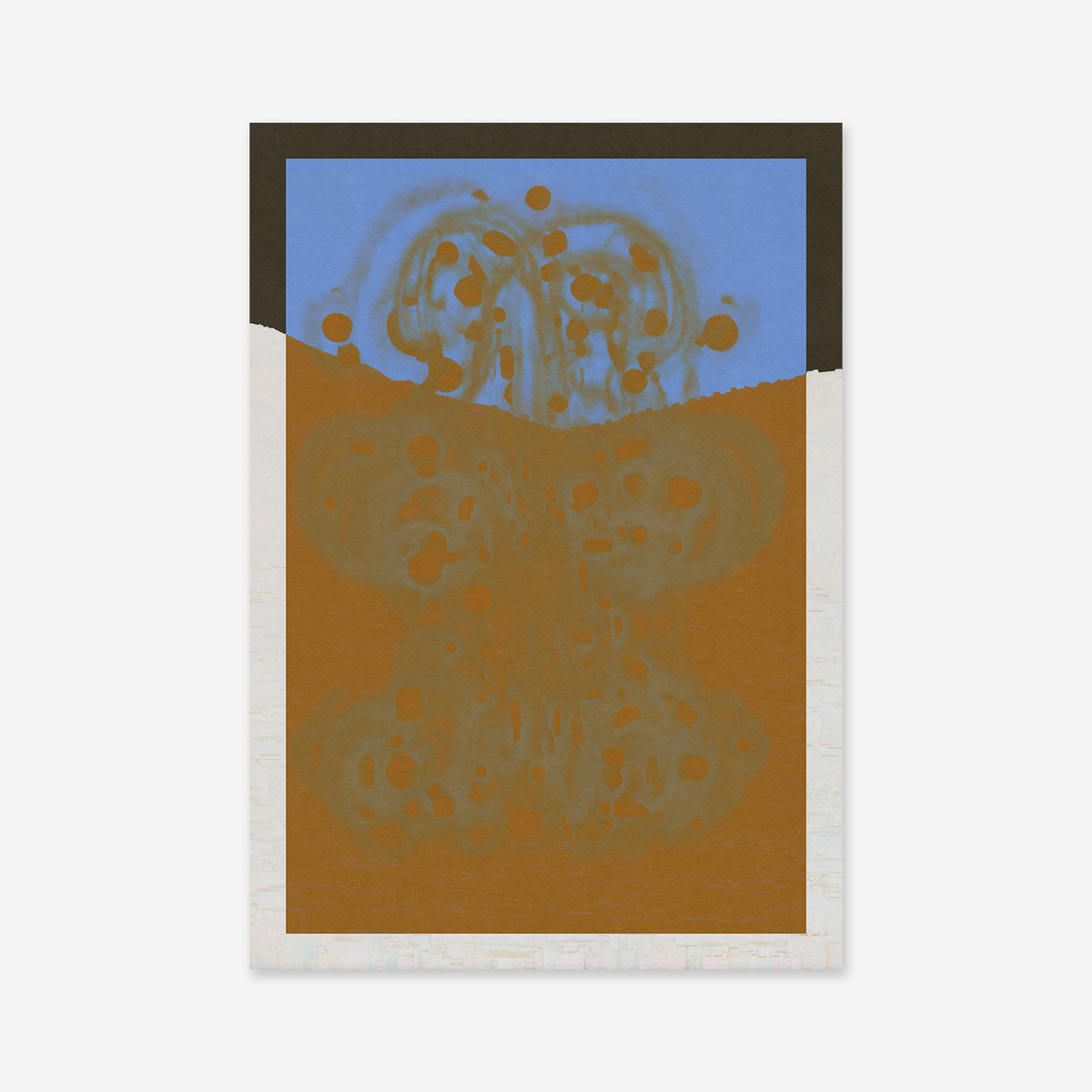 Bear tornado" is an abstract art piece with a blue top, rusty orange-brown center and bottom, and a black upper border. Swirling symmetrical patterns fill the center. Perfect as a giclée print on matte archival paper for modern interiors.