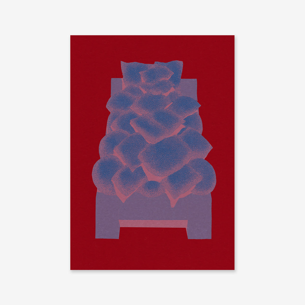 Bed of pillows"—an illustration featuring a bed with a large stack of blue and purple pillows on top, set against a solid red background. Ideal as a giclée art print for modern interior decor.