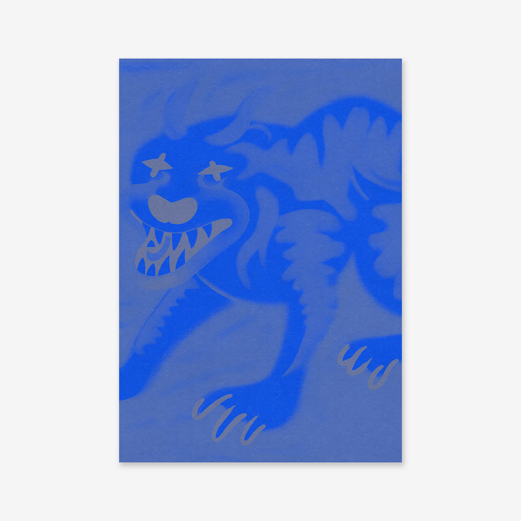 Big bad wolf No. 1 is a Giclée art print featuring a stylized blue animal with large teeth, star-shaped eyes, and clawed feet on a plain background—a playful yet menacing addition to any modern interior.