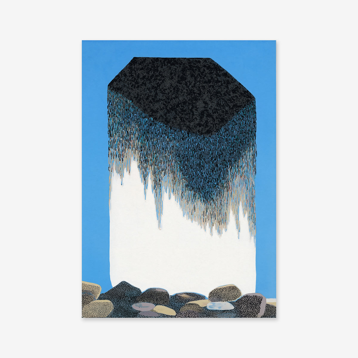Big crystal" is an abstract artwork depicting a tall white rectangle with a black textured top and blue streaks, set against a vivid blue background with rounded patterned stones—ideal as a Giclée art print for modern interiors.