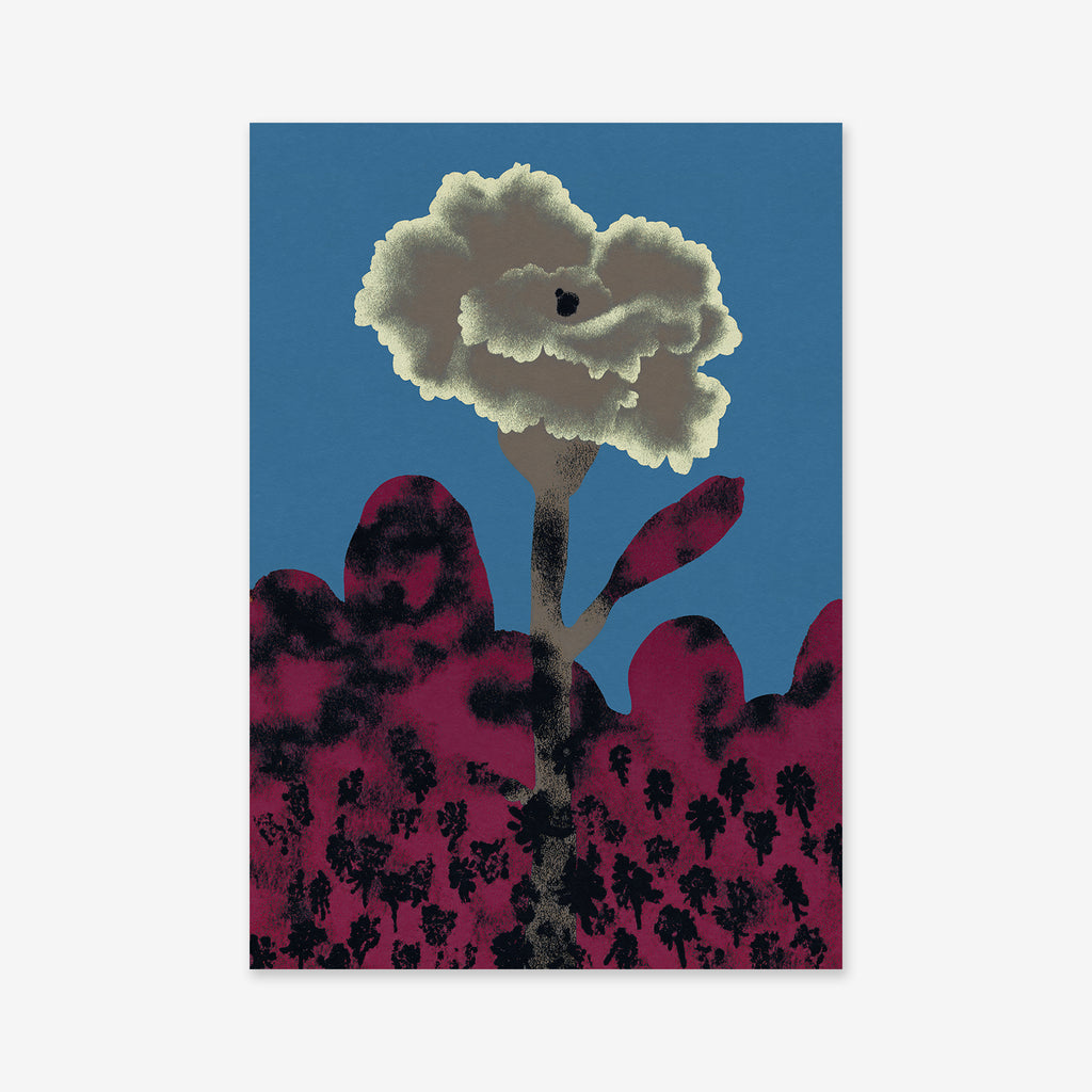 “Big flower” is a stylized Giclée art print featuring a single cream flower with a dark center above abstract maroon foliage on a blue background—an ideal statement piece for modern interiors.