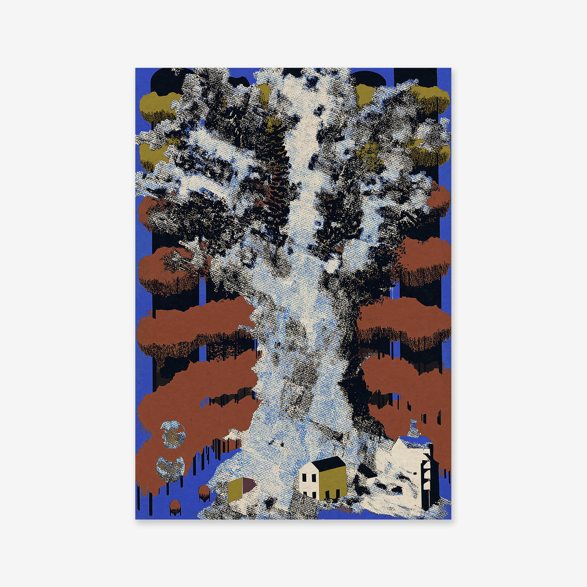 Big tree" is an abstract illustration featuring a large, textured tree in brown, green, and blue. Surrounded by small houses and trees with a blue cloudy backdrop, it's ideal as a Giclée art print for modern interiors.