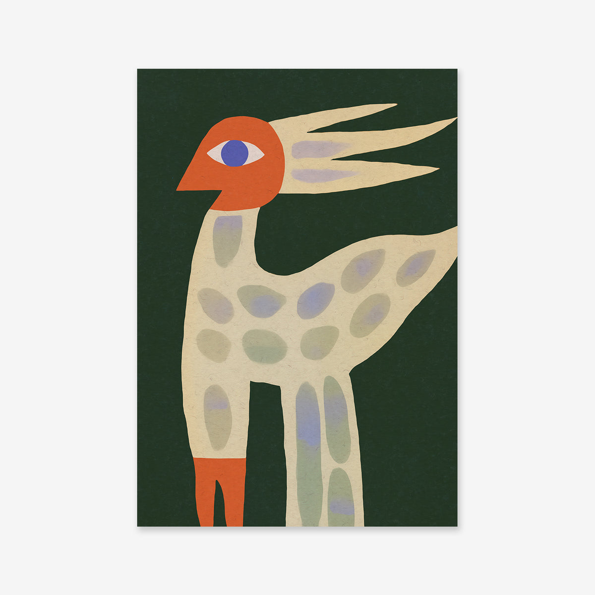 Bird posing" – an abstract illustration featuring a bird with a red-orange head and legs, cream body with purple and gray spots, and a large blue eye on a dark green background. Ideal as a Giclée art print for modern interiors.
