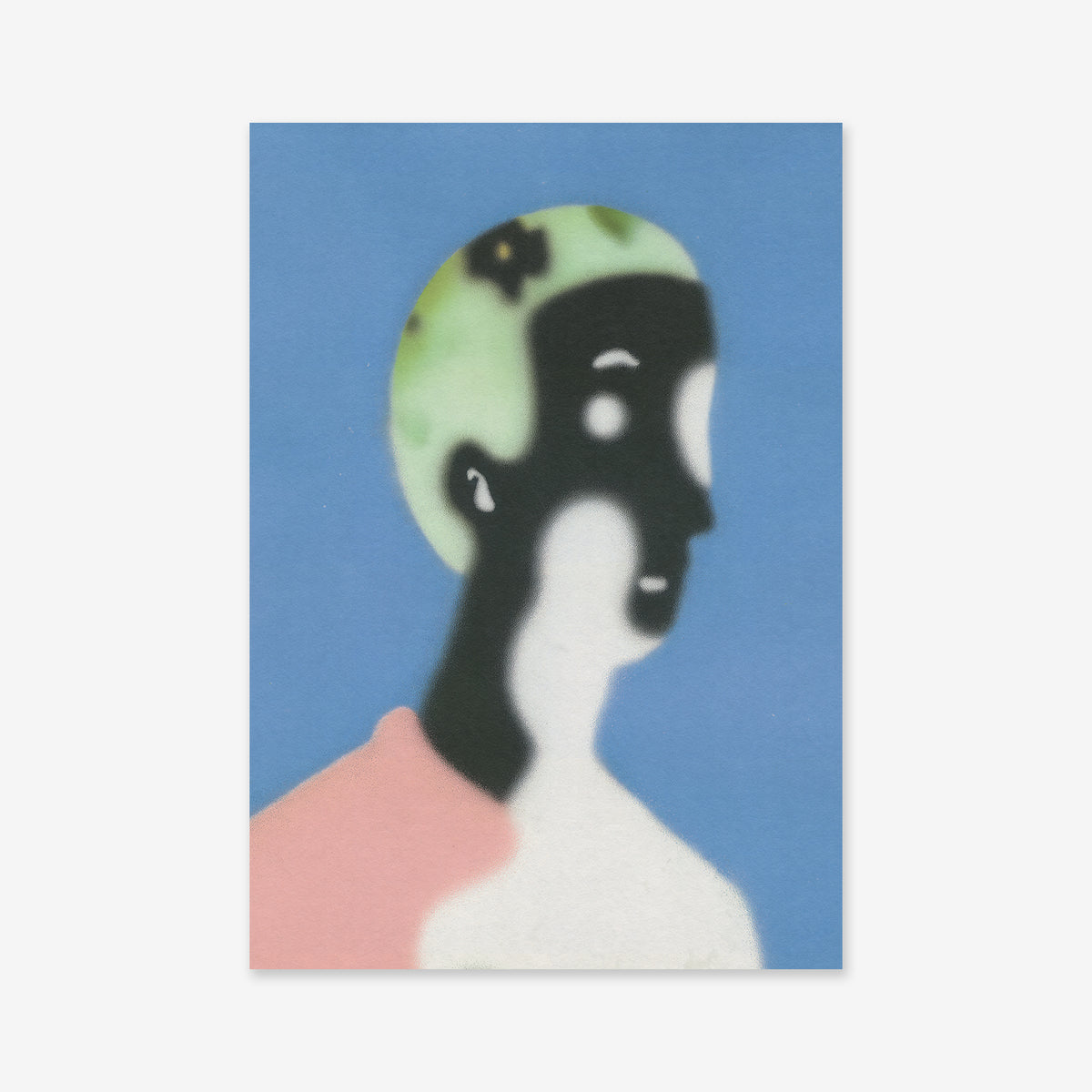“Blinded by the light”—an abstract portrait with a dark face, white features, green and black hair, and a pink garment on one shoulder against blue. Ideal as a Giclée art print on archival paper to enhance any modern space.