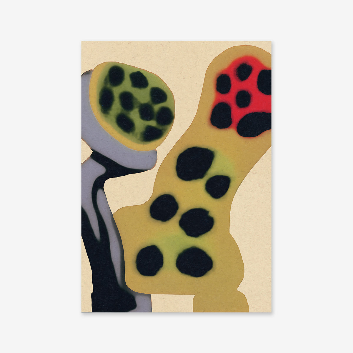 Blobs No. 1 is an abstract giclée art print with two irregular, rounded shapes—yellow with black spots and red accents, and green with black spots and gray edging—on a beige background. Ideal for modern interiors.