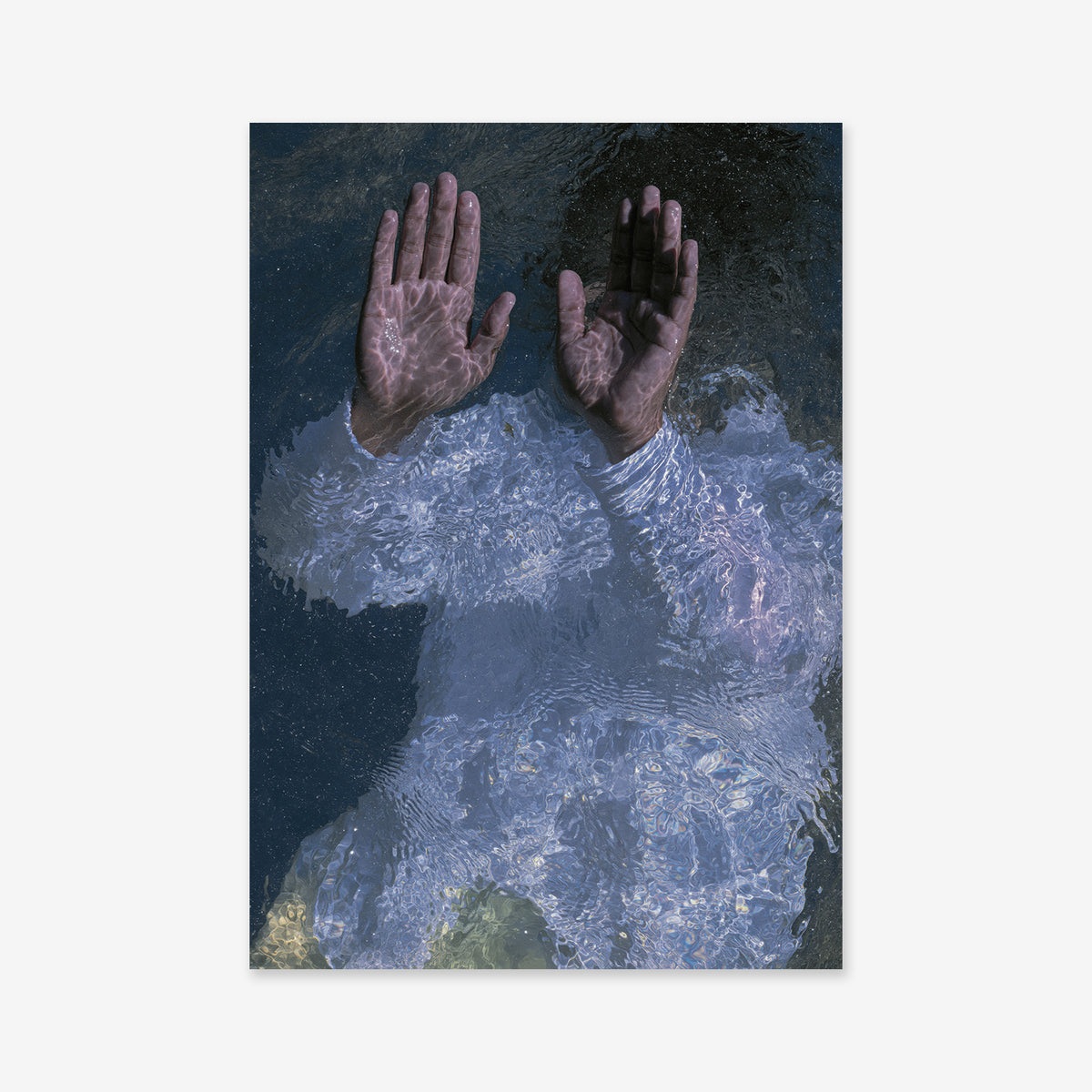 Blockage: A striking Giclée art print featuring a submerged figure with hands raised above water, face and body blurred by ripples—perfect for adding intrigue to contemporary interiors.
