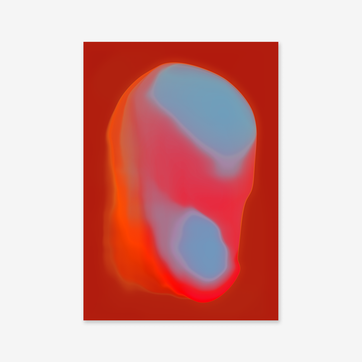 Blop No. 2 is a giclée art print featuring a soft, abstract form with blue and pink hues blending into a red-orange background. Its smooth edges and glowing, ethereal quality make it perfect for any modern interior.
