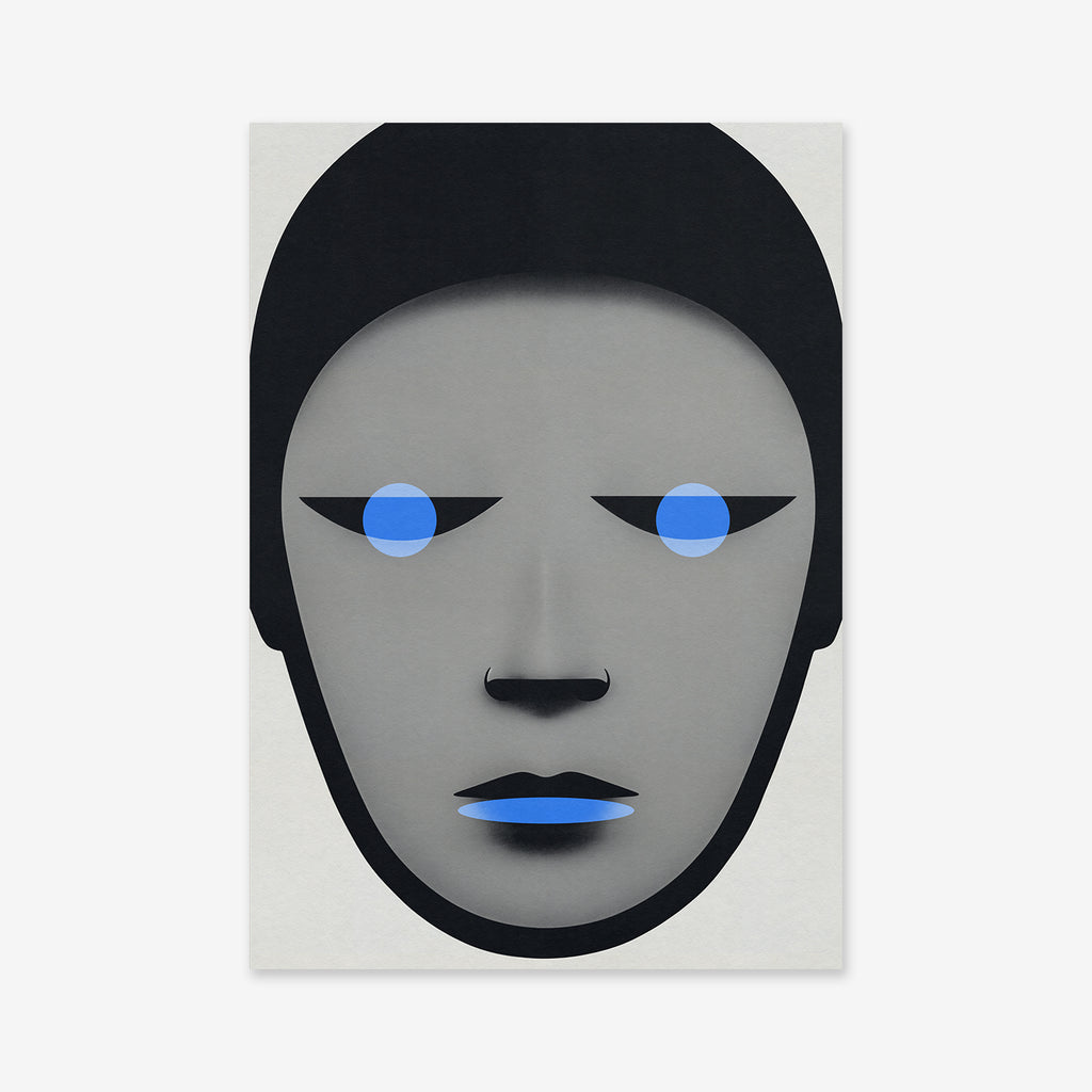 Blue eyes" is a minimalist digital giclée art print featuring a gray, expressionless face with blue circle eyes and sharp black brows on a light background. Printed on archival paper, it's the ideal geometric accent for any modern interior.