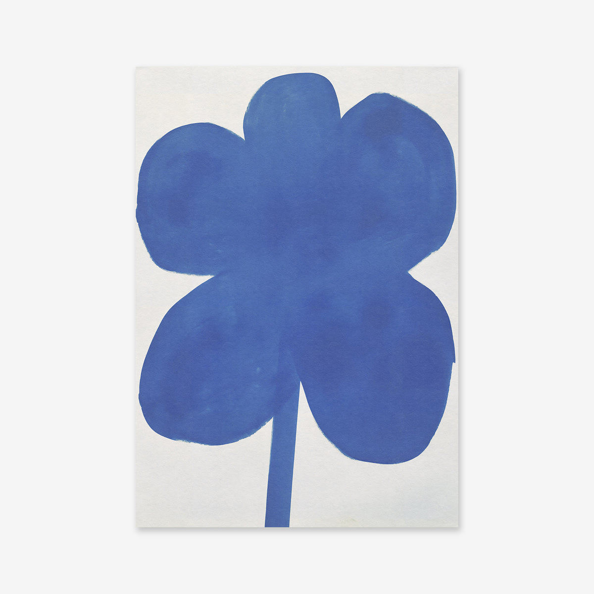 Blue flower" is a simple, abstract painting featuring a five-petal blue bloom with a stem on a white background—ideal as a giclée art print to enhance any modern space.