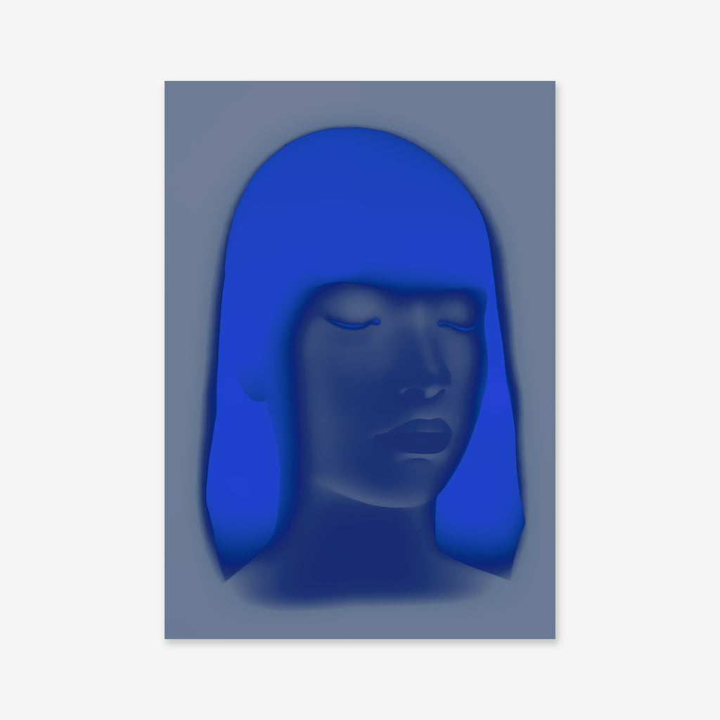 Blue glow" is a stylized, blue-toned 3D portrait with minimalist features and a soft glow. Printed as a giclée on matte archival paper, it brings serene beauty and modern style to any interior decor.