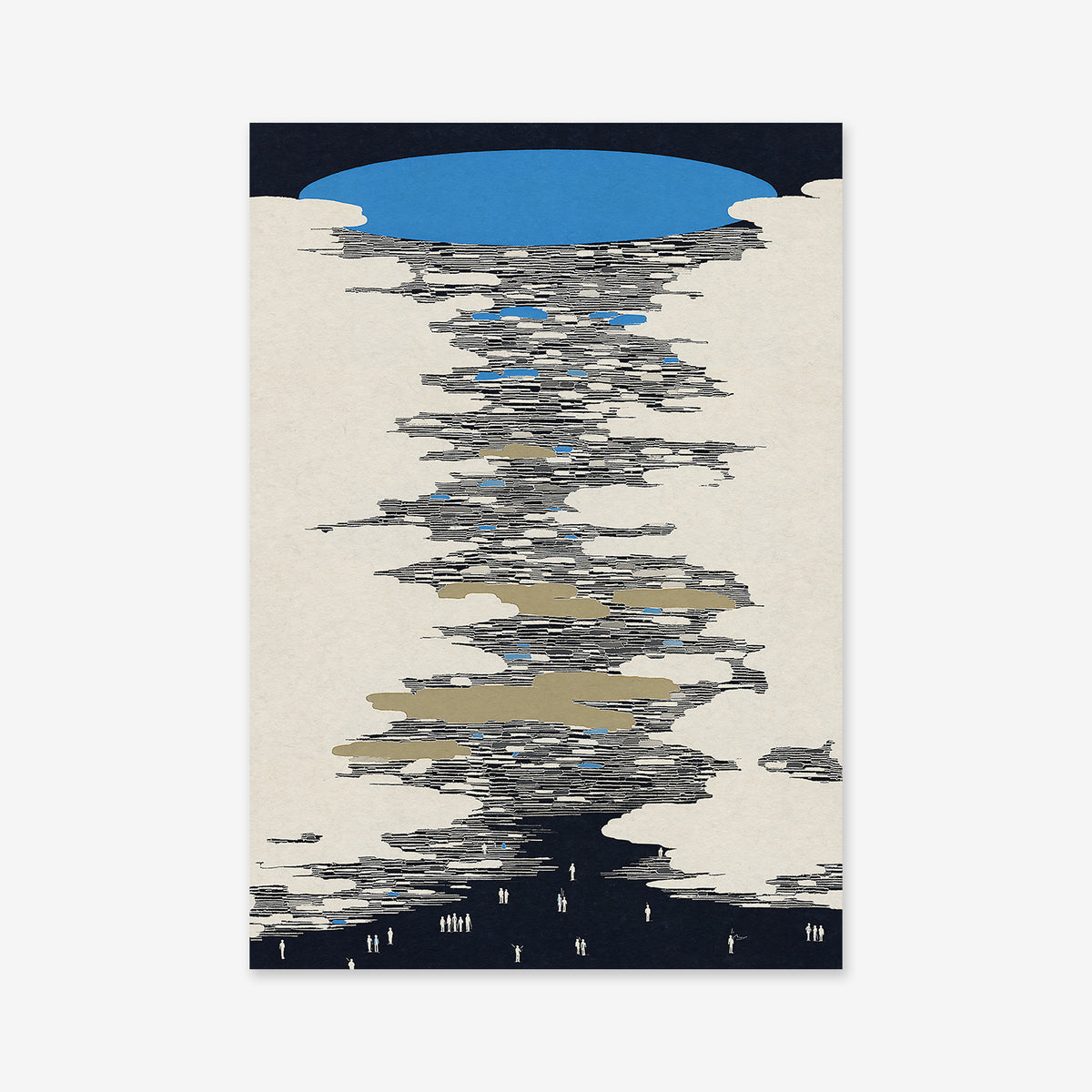Blue sunset: A giclée art print on archival paper depicting abstract deep blue skies with white and gold clouds above small human figures, perfect for adding modern decor to any space.