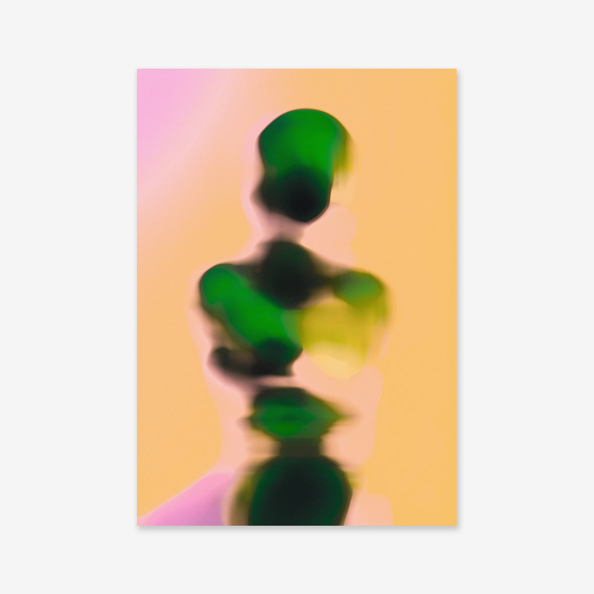 Blurry figure No. 2 features a blurred human form in green, black, and pink against a pastel yellow and pink background. This giclée art print adds a dreamy, surreal touch to modern spaces and is printed on premium matte archival paper for lasting quality.