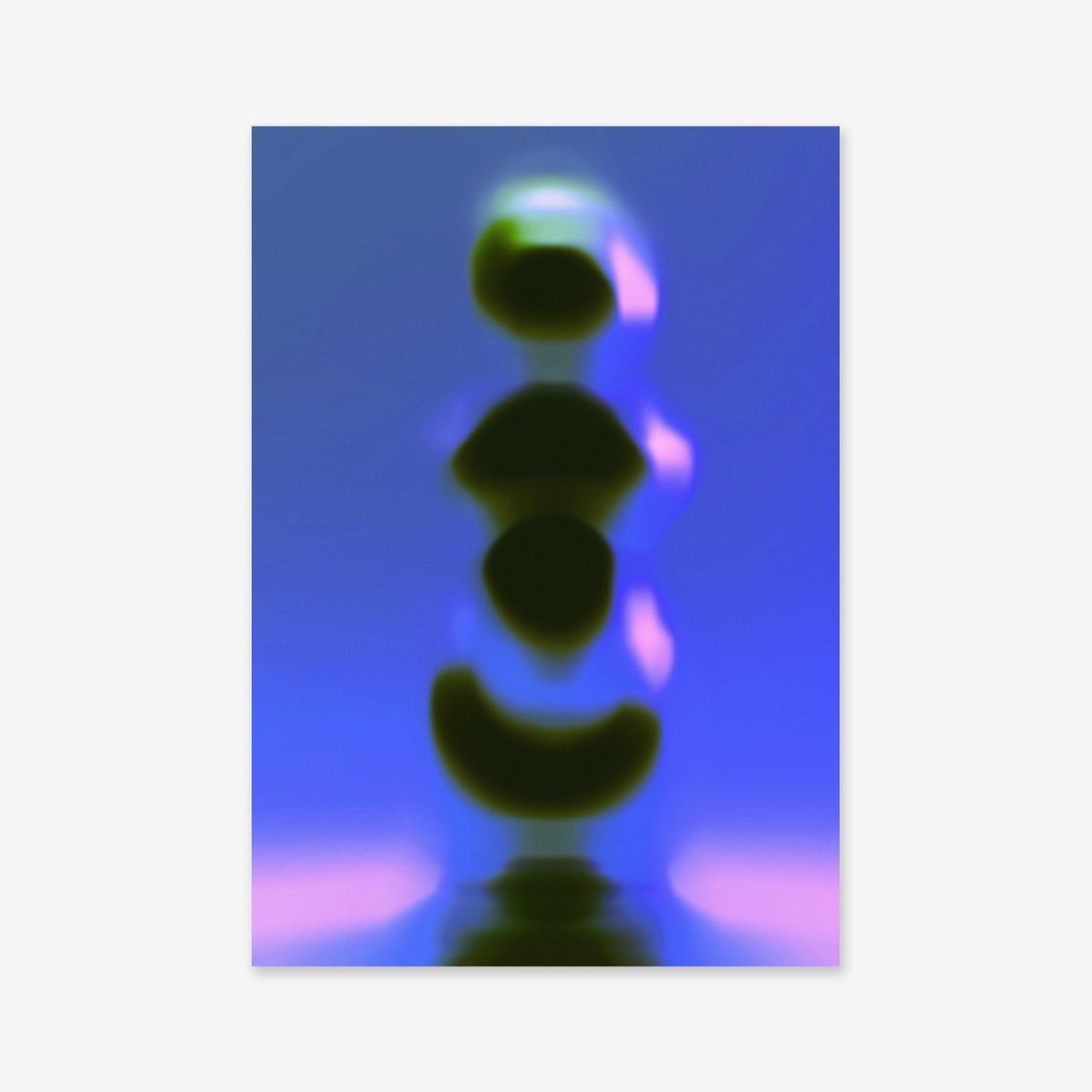Blurry figure No. 8 features a vertical, rounded abstract form against a gradient blue-purple background with soft light and reflection—ideal as a giclée art print to enhance modern interiors.