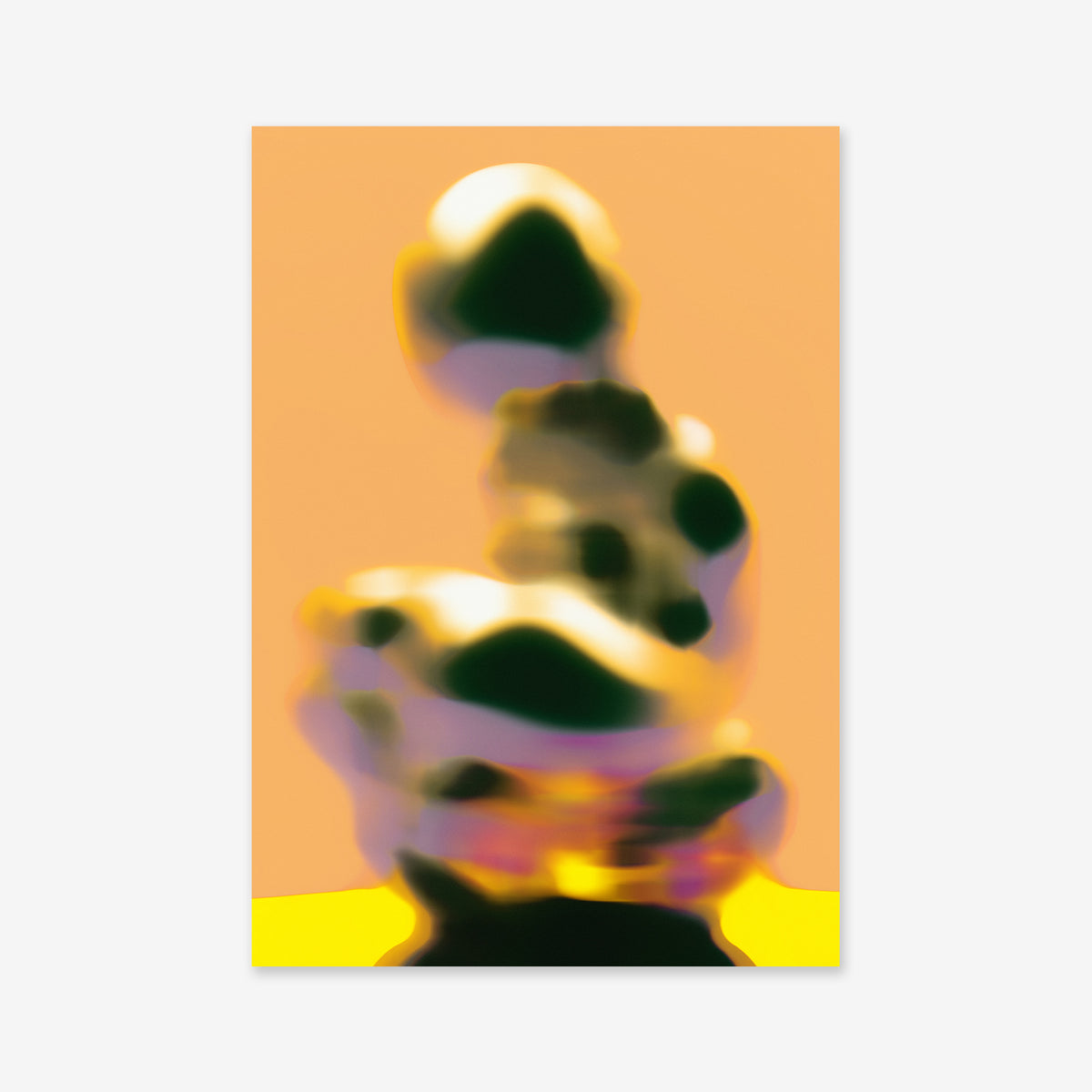 Blurry figure No. 1 features a blurred, abstract sculpture with rounded green, yellow, and white shapes on a peach background atop a bright yellow surface—ideal as a giclée art print to elevate any modern interior.