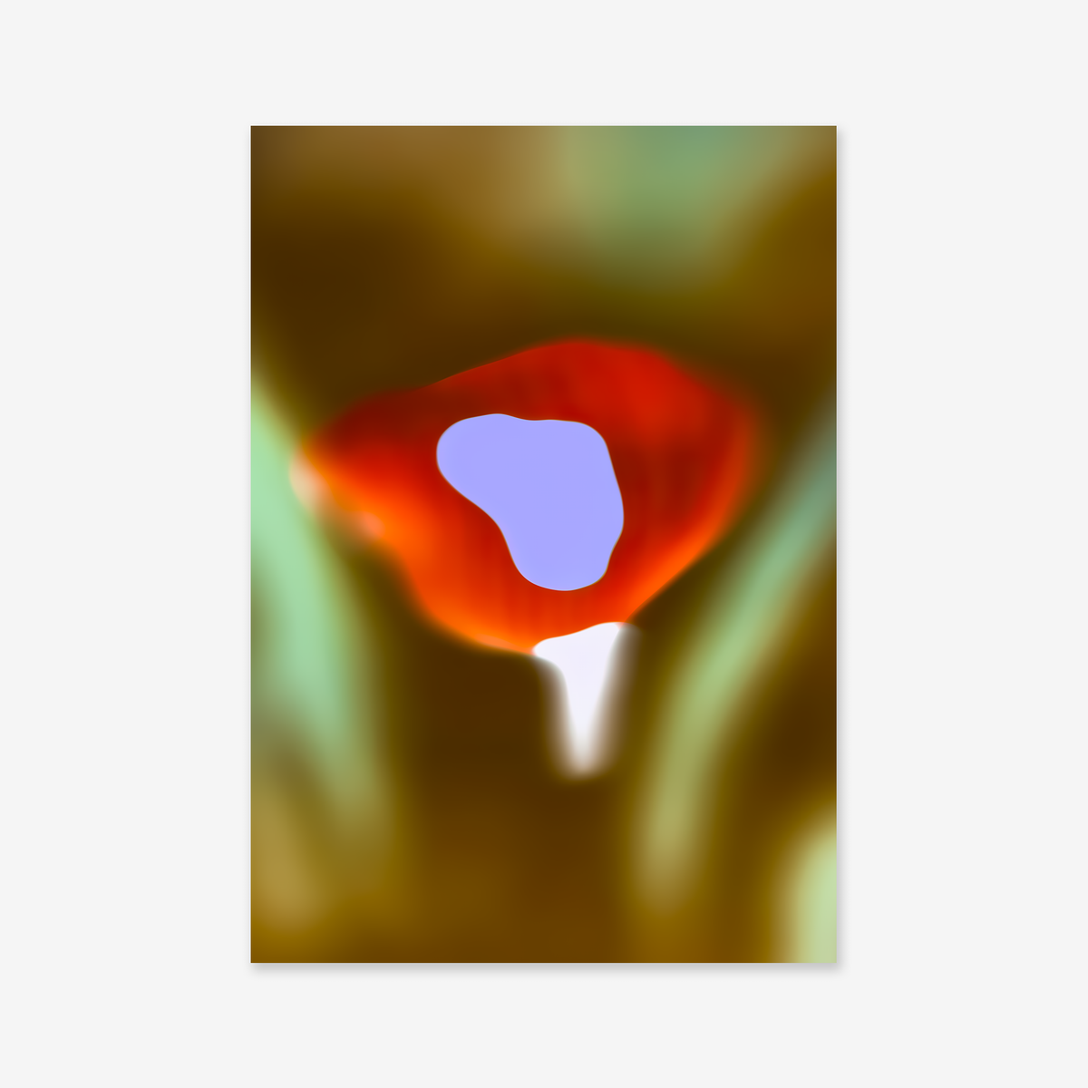 Blurry flower No. 2 features a central red-orange shape with a pale blue center, set against a blurred brown, green, and yellow background—a striking Giclée art print ideal for enhancing any modern interior.