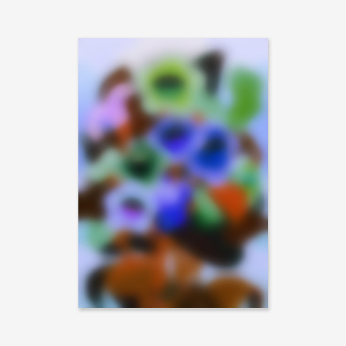 Blurry flowers No. 1 is a Giclée art print on matte, acid-free archival paper featuring an indistinct bouquet in vibrant green, blue, purple, orange, and brown—perfect for adding modern flair to your space.