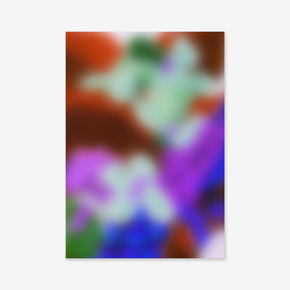 Blurry flowers No. 2 showcases patches of red, green, purple, and blue merging on a white background—an ideal Giclée art print to elevate modern interiors with its soft, abstract composition.