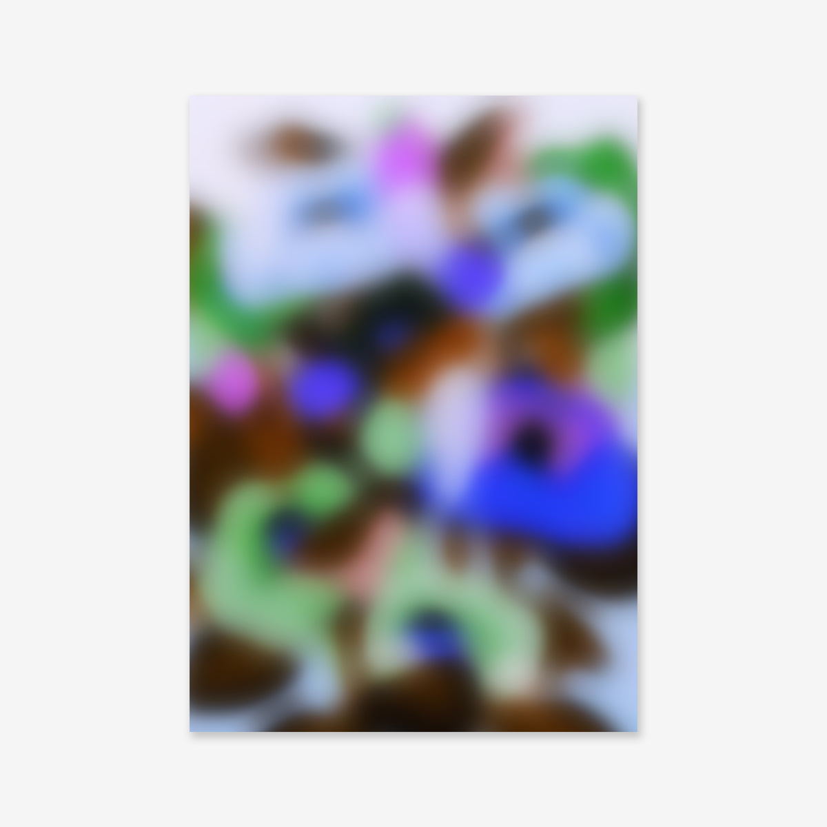 Blurry flowers No. 3 features an abstract blend of green, brown, blue, purple, and white—ideal as a Giclée art print on matte archival paper to enhance any modern interior decor.